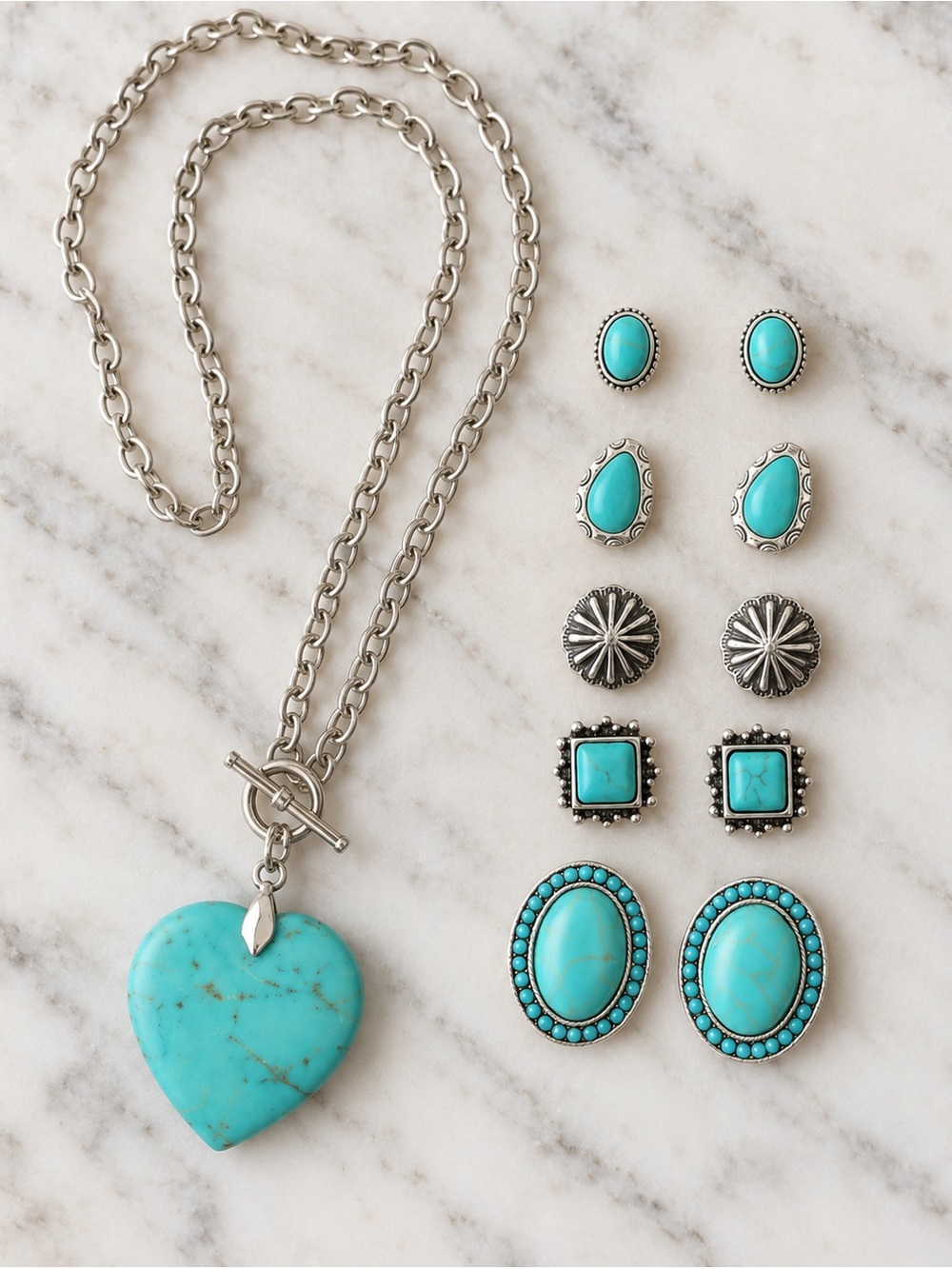 Turquoise Boho Jewelry Set – Necklace + 5 Pairs of Earrings